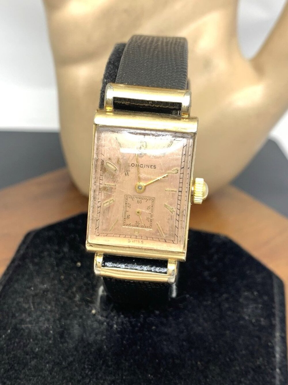 Longines Watch 1930s Vintage Swiss Mechanical Rose Dial Black Leather Strap Tank